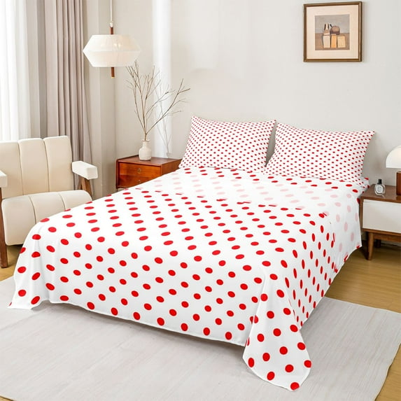 Feelyou Modern Polkadot Kid Bed Sheets, Fashion White Red King Sheets, 4pcs