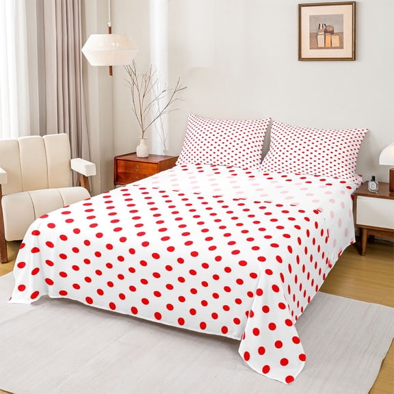Feelyou Modern Polkadot Kid Twin Sheet Sets, Fashion White Red Bedding, 3pcs