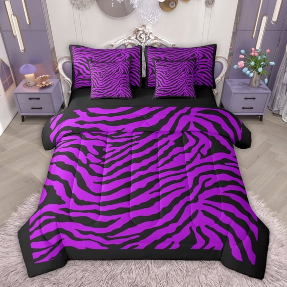 Feelyou Modern Purple Stripes Bedding Comforter Set 7pcs for Women, Chic Zebra Print Queen Bedding Sets, Artwork Abstract Ombre Reversible Queen Sheet Sets, Super Cozy Room Decor