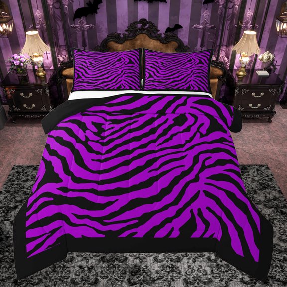 Feelyou Modern Purple Stripes Bedding Comforter Set for Women, Chic Zebra Print Twin Comforter Sets, Artwork Abstract Ombre Reversible Bedding Set, Super Cozy Room Decor, 2pcs