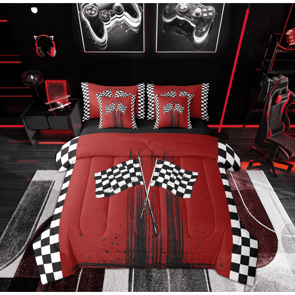 Feelyou Modern Racing Car Boys Bedding Comforter Set 7 Pieces, Buffalo Checkered Flag Full Bedding Set, Extreme Sports Reversible Fitted Sheet Flat Sheet, Breathable Home Decor