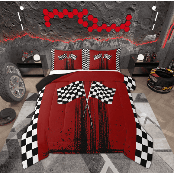 Feelyou Modern Racing Car Boys Bedding Comforter Set, Buffalo Checkered Flag Twin Comforter Sets, Extreme Sports Reversible Bedding Set, Breathable Home Decor, 2-Piece