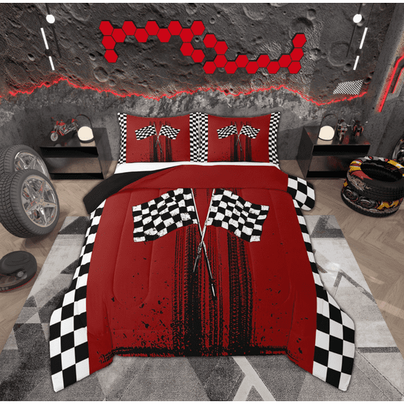 Feelyou Modern Racing Car Boys Bedding Comforter Set, Buffalo Checkered Flag Twin Comforter Sets, Extreme Sports Reversible Bedding Set, Breathable Home Decor, 2-Piece