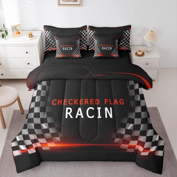 Feelyou Modern Racing Car Boys Twin Bedding Sets 7-Piece, Buffalo Checkered Flag Bedding Comforter Set, Extreme Sports Reversible Sheet Sets, Luxury Bedroom Decor