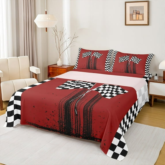 Feelyou Modern Racing Car Boys Twin Sheet Sets, Buffalo Checkered Flag Twin Fitted Sheet, Extreme Sports Flat Sheet, Breathable Home Decor, 3-Piece