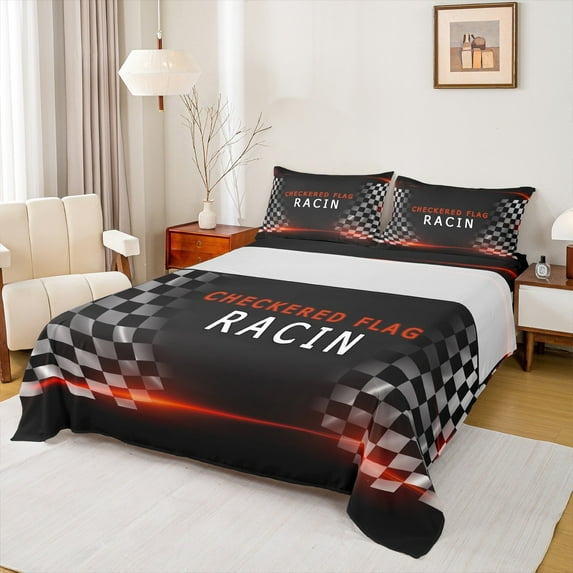 Feelyou Modern Racing Car Boys Twin Sheet Sets, Buffalo Checkered Flag Twin Fitted Sheet, Extreme Sports Flat Sheet, Luxury Bedroom Decor, 3pcs
