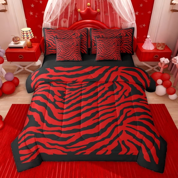 Feelyou Modern Red Stripes Bedding Comforter Set 7pcs for Women, Chic Zebra Print King Bedding Sets, Artwork Abstract Ombre Reversible Bed Sheets, Microfiber Bedroom Decor