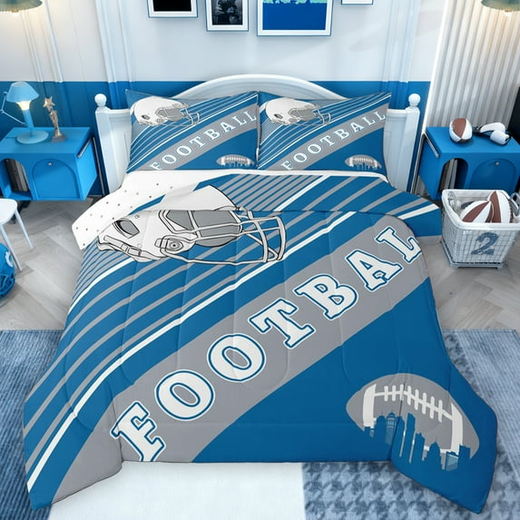 Feelyou Modern Rugby Football Bedding Comforter Set, Cartoon Soccer Helmet Twin Comforter Sets, Blue Grey Abstract Stripes Reversible Bedding Set, Luxury Bedroom Decor, 2pcs
