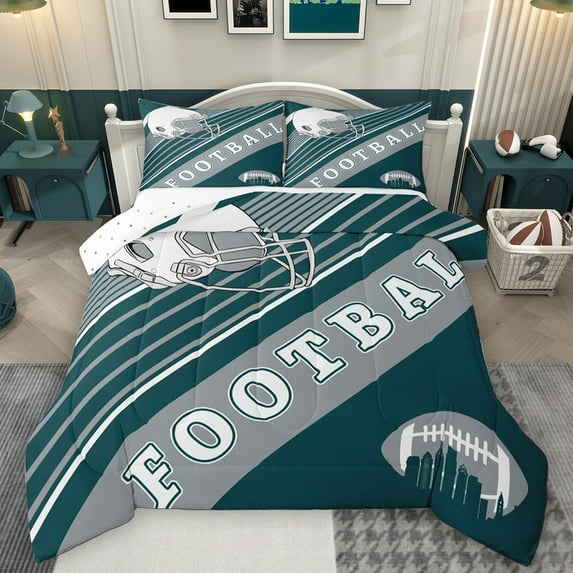 Feelyou Modern Rugby Football Bedding Comforter Set, Cartoon Soccer Helmet Twin Comforter Sets, Teal Grey Abstract Stripes Reversible Bedding Set, Ultra Soft Bedroom Decor, 2-Piece
