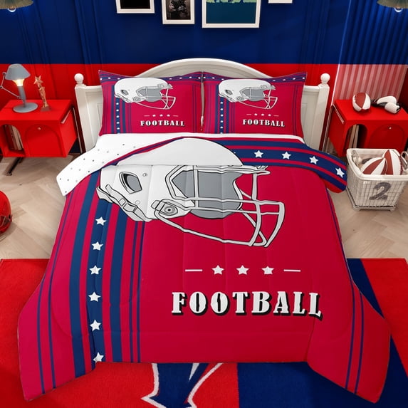 Feelyou Modern Rugby Football Full Size Comforter Sets, Cartoon Soccer Helmet Bedding Comforter Set, Red Navy Abstract Stripes Reversible Bedding Sets, Breathable Home Decor, 3-Piece