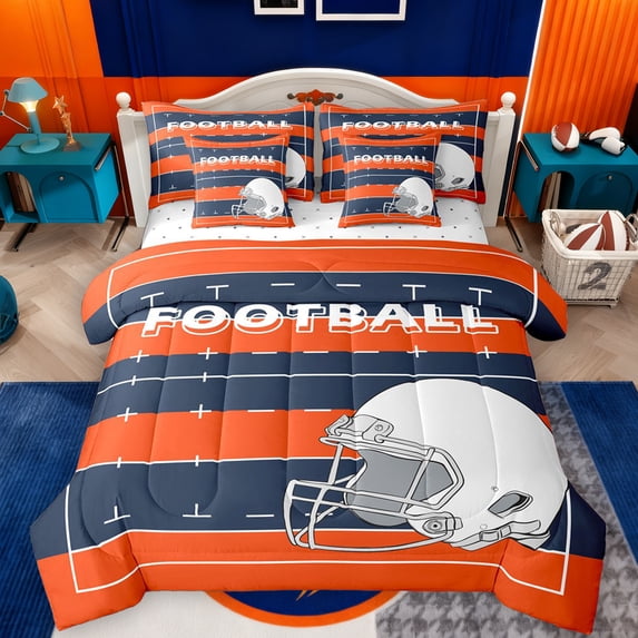 Feelyou Modern Rugby Football Twin Bedding Sets 7-Piece, Cartoon Soccer Helmet Bedding Comforter Set, Orange Navy Abstract Stripes Reversible Sheet Sets, Microfiber Bedroom Decor