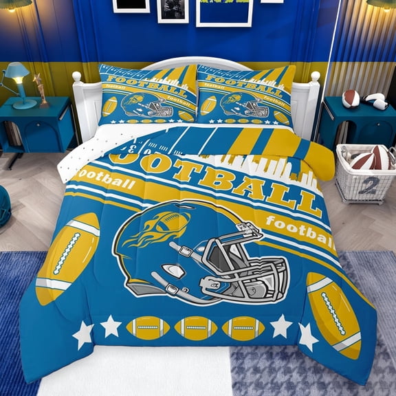 Feelyou Modern Rugby Helmet Bedding Comforter Set for Kids, Stripes Blue Gold Twin Comforter Sets, Eat Sleep Sports Reversible Bedding Set, Luxury Bedroom Decor, 2-Piece