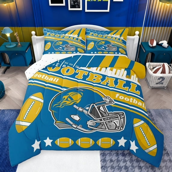 Feelyou Modern Rugby Helmet Bedding Comforter Set for Kids, Stripes Blue Gold Twin Comforter Sets, Eat Sleep Sports Reversible Bedding Set, Luxury Bedroom Decor, 2-Piece