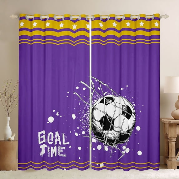 Feelyou Modern Soccer Sports Blackout Curtains Set of 2 (52x84 Each) for Kids, West Football Window Curtains, Purple Yellow Cartoon Theme Curtains and Drapes, Living Room Curtains Decor