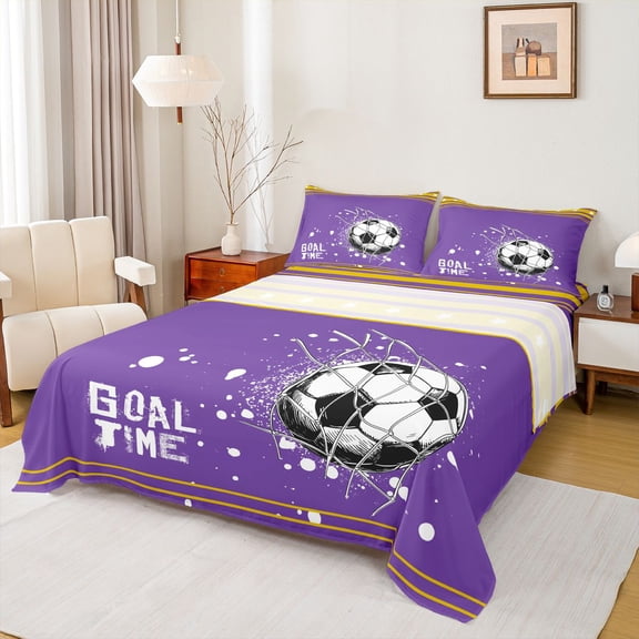 Feelyou Modern Soccer Sports Twin Sheet Sets for Kids, West Football Twin Fitted Sheet, Purple Yellow Cartoon Theme Flat Sheet, Breathable Home Decor, 3 Pieces