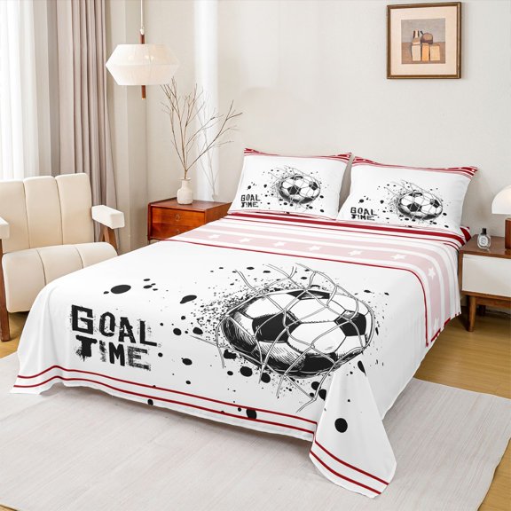 Feelyou Modern Soccer Sports Twin Sheet Sets for Kids, Western Football Twin Fitted Sheet, White Red Cartoon Theme Flat Sheet, Luxury Bedroom Decor, 3 Pieces