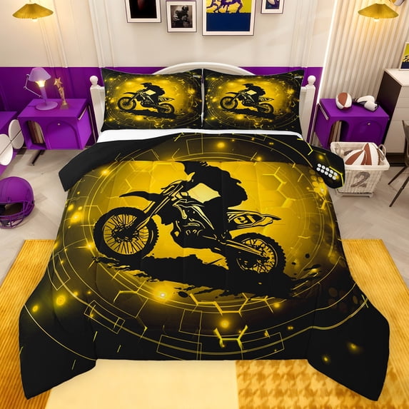 Feelyou Modern Speed Sports Queen Comforter Set, Extreme Motorcycle Bedding Sets, Glitter Gold Honeycomb Reversible Bedding Comforter Set, Lightweight Room Decor, 3 Pieces