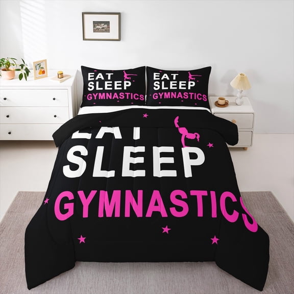 Feelyou Modern Sports Lover Full Size Comforter Sets for Kids, Black Pink Bedding Comforter Set, Eat Sleep Gymnastics Reversible Bedding Sets, Lightweight Room Decor, 3 Pieces