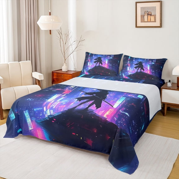Feelyou Modern Tokyo Samurai Bed Sheets, Japanese City Scenes King Sheets, Cartoon Anime Warrior Sheet Set, Microfiber Bedroom Decor, 4 Pieces