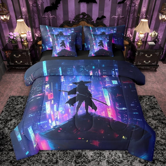 Feelyou Modern Tokyo Samurai Bedding Comforter Set 7pcs, Japanese City Scenes King Bedding Sets, Cartoon Anime Warrior Reversible Bed Sheets, Microfiber Bedroom Decor