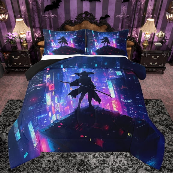 Feelyou Modern Tokyo Samurai Full Size Comforter Sets, Japanese City Scenes Bedding Comforter Set, Cartoon Anime Warrior Reversible Bedding Sets, Microfiber Bedroom Decor, 3 Pieces
