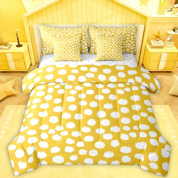 Feelyou Modern Yellow Polkadots Bedding Comforter Set 7pcs, Chic Fashion Abstract Queen Bedding Sets, Teens Kids Adult Women Reversible Queen Sheet Sets, Super Cozy Room Decor