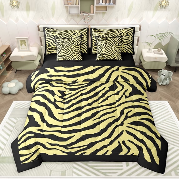 Feelyou Modern Yellow Stripes Twin Bedding Sets 7-Piece for Women, Chic Zebra Print Bedding Comforter Set, Artwork Abstract Ombre Reversible Sheet Sets, Microfiber Bedroom Decor