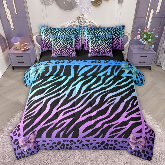 Feelyou Modern Zebra Print 7-Piece Teens Bedding Set, Blue Purple Bowknot Sheet Set