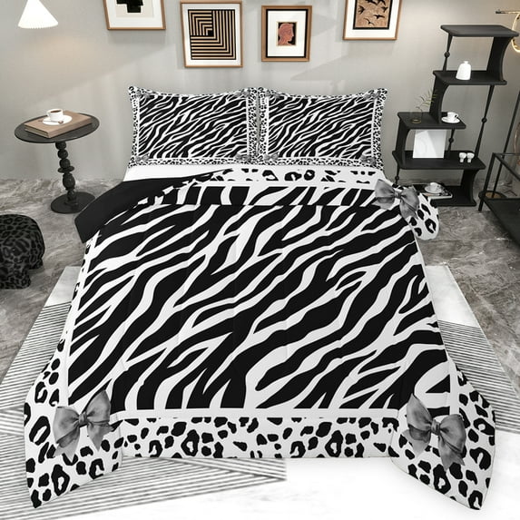 Feelyou Modern Zebra Print Full Size Comforter Sets for Teen, Black White Bowknot Bedding Comforter Set, Fashion Cheetah Leopard Reversible Bedding Sets, Ultra Soft Bedroom Decor, 3pcs