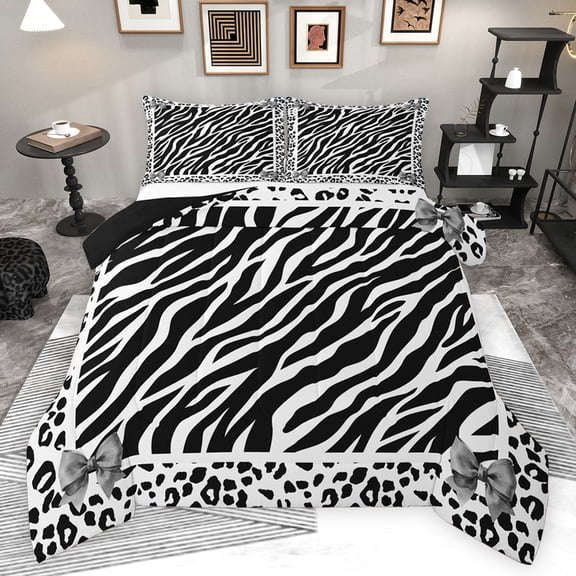 Feelyou Modern Zebra Print Full Size Comforter Sets for Teen, Black White Bowknot Bedding Comforter Set, Fashion Cheetah Leopard Reversible Bedding Sets, Ultra Soft Bedroom Decor, 3pcs