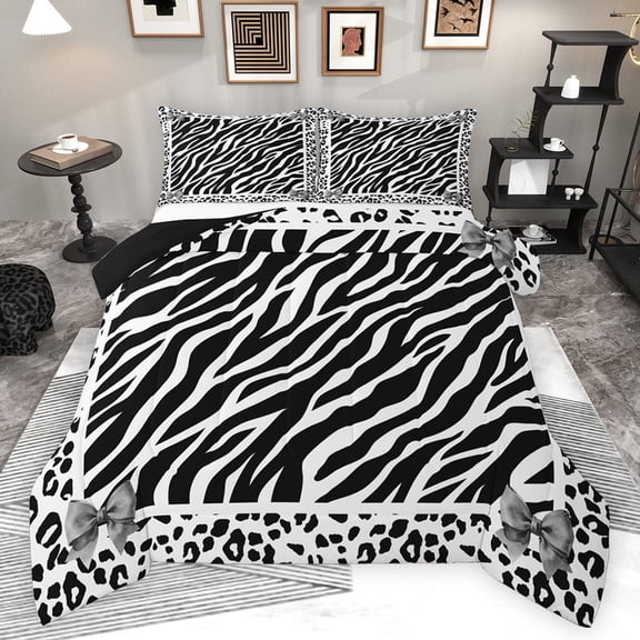 Feelyou Modern Zebra Print Queen Comforter Set for Teen, Black White Bowknot Bedding Sets, Fashion Cheetah Leopard Reversible Bedding Comforter Set, Ultra Soft Bedroom Decor, 3pcs
