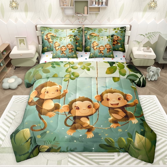 Feelyou Monkey Animal Bedding Comforter Set 7pcs, Green Leaf Plant Queen Bedding Sets