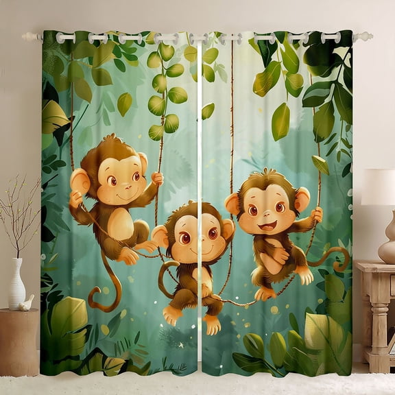Feelyou Monkey Animal Curtains Pack of 2 (52x84 Each), Green Leaf Plant Window Curtains