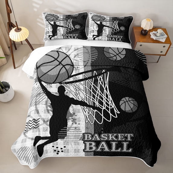 Feelyou Monochrome Basketball Twin Quilt Set for Boys, Athlete Silhouette Sport Twin Coverlet Set, 2-Piece