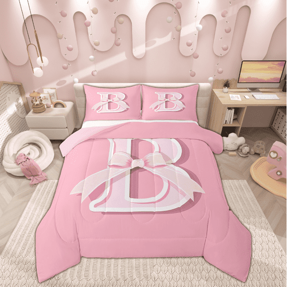 Feelyou Monogrammed B Bedding Full Comforter Set, Initial Letter Down Comforter, Pink Bow Reversible Comforters & Duvets, Super Cozy Bedroom Decor, 3 Pieces