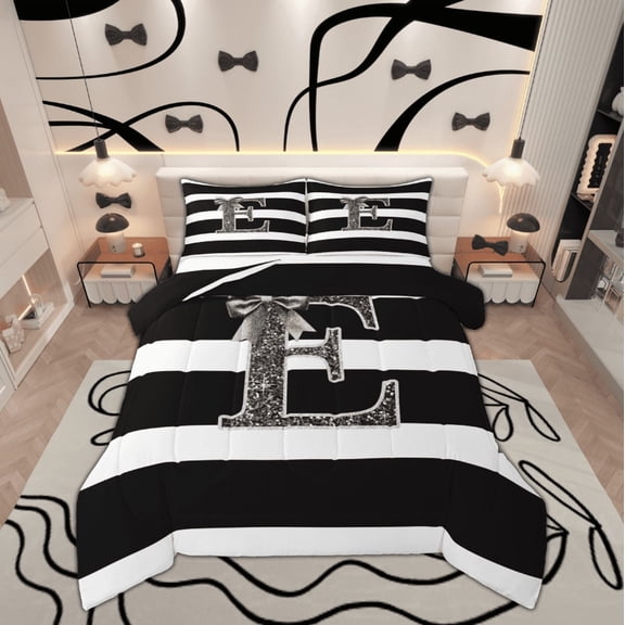 Feelyou Monogrammed Bling E Full Size Comforter Sets, Cool Girls Bowknot Bedding Comforter Set, Black White Stripes Reversible Bedding Sets, Super Cozy Room Decor,3 Pieces