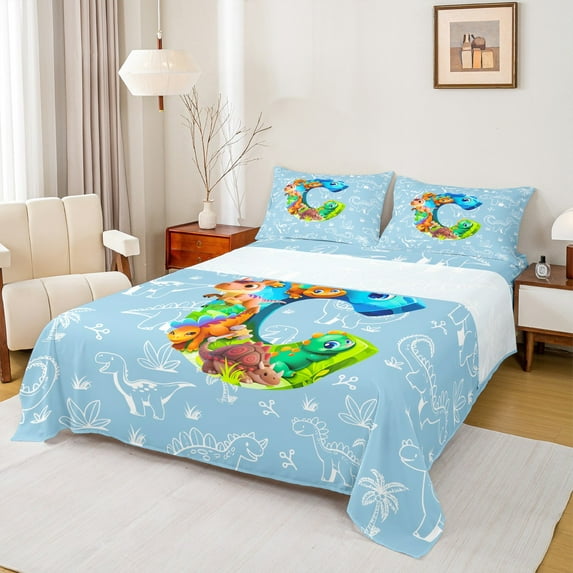 Feelyou Monogrammed C Kids Full Size Sheets, Dinosaur Print Bed Sheets, Kawaii Cartoon Animal Sheet Sets, Breathable Home Decor, 4-Piece