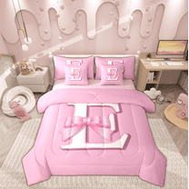 Feelyou Monogrammed E Bed in a Bag Twin size, Initial Letter Bed Set, Pink Bow Reversible Bedding Twin Size, Super Cozy Bedroom Decor, 7-Piece