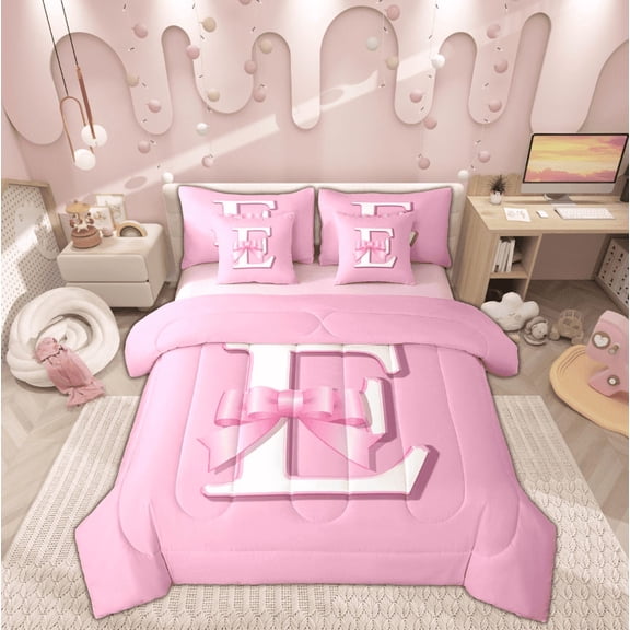 Feelyou Monogrammed E Bedding Full Size, Initial Letter Bed in a Bag Full size, Pink Bow Reversible Bed Set, Super Cozy Bedroom Decor, 7-Piece