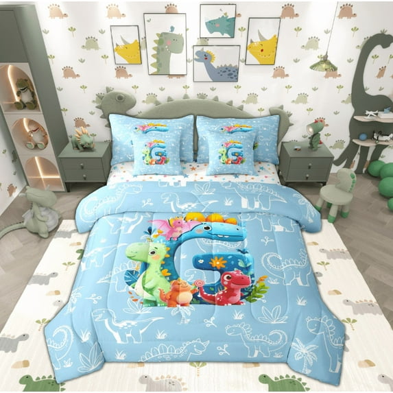 Feelyou Monogrammed G Kids Bedding Comforter Set 7pcs, Dinosaur Print Queen Bedding Sets, Kawaii Cartoon Animal Reversible Queen Sheet Sets, Super Cozy Room Decor