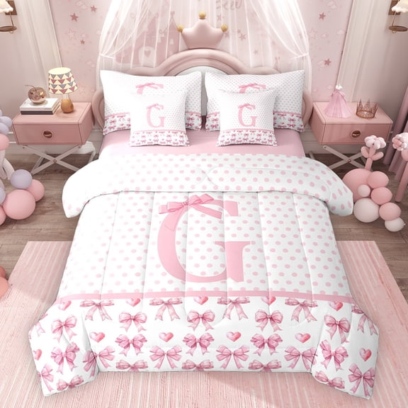 Feelyou Monogrammed G Twin Bedding Sets 7pcs, Ribbon Love Heart Bedding Comforter Set
