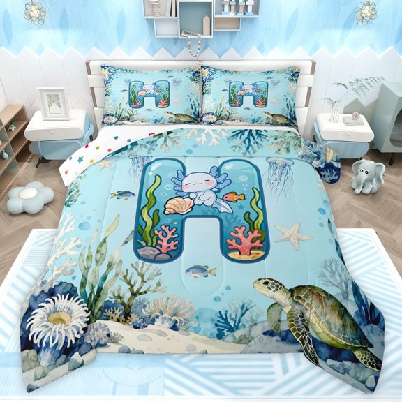 Feelyou Monogrammed H Full Size Comforter Sets, Axolotl Jellyfish Bedding Sets, 3pcs