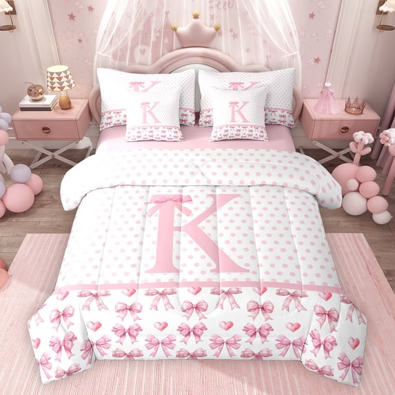 Feelyou Monogrammed K Bedding Comforter Set 7pcs, Love Heart Ribbon Bow King Bedding Sets