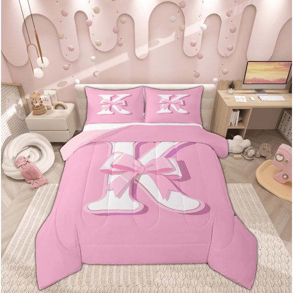 Feelyou Monogrammed K Bedding Sets Twin with Comforter, Initial Letter Duvet Insert, Pink Bow Reversible Down Comforter, Super Cozy Bedroom Decor, 2-Piece