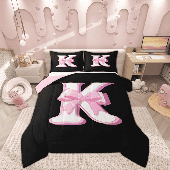 Feelyou Monogrammed K Bedding Twin Comforter Set, Initial Letter Down Comforter, Pink Bow Reversible Comforters & Duvets, Super Cozy Bedroom Decor, 2-Piece