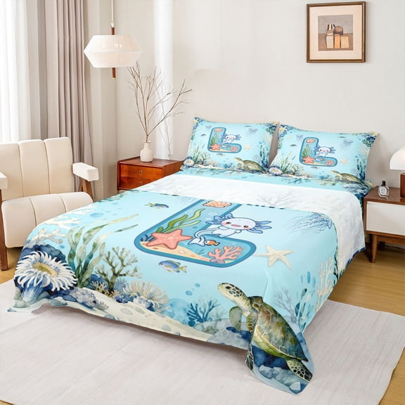 Feelyou Monogrammed L Kid Bed Sheets, Axolotl Sealife King Sheets, 4 Pieces