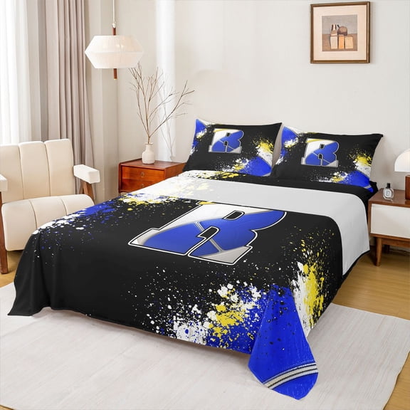 Feelyou Monogrammed Letter R Bed Sheets, Modern Fashion Watercolor King Sheets, Teens Kids Boys Girls Sheet Set, Luxury Bedroom Decor, 4 Pieces