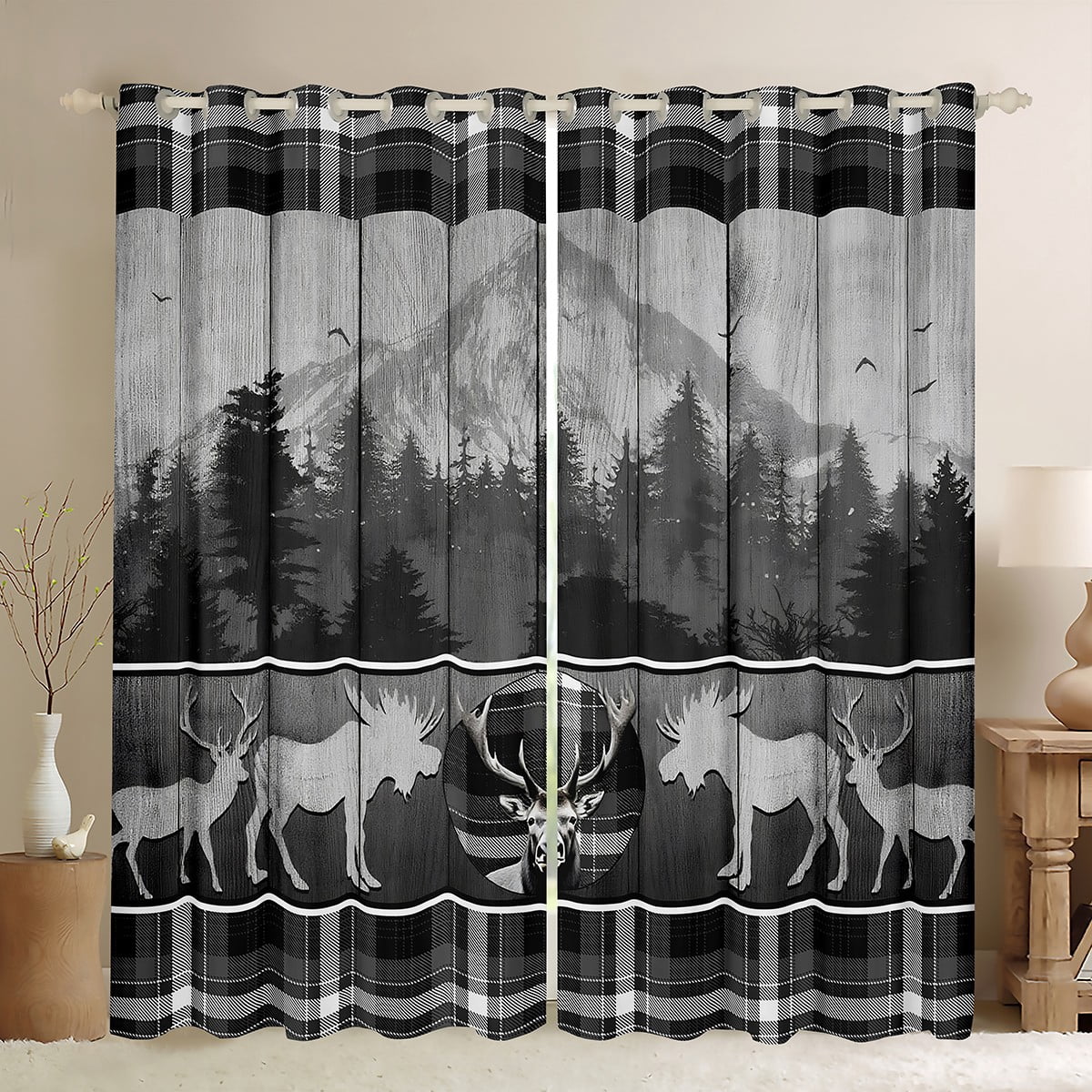 Feelyou Moode Deer Print Black Out Curtains for Men, Pine Tree ...