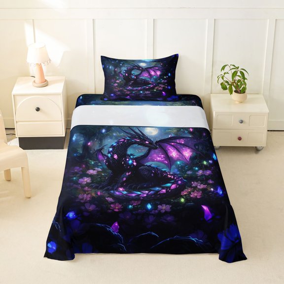Feelyou Moon Crystal Dragon Twin Sheet Sets for Men Women Kids, Floral Wildlife Bedding, Purple Blue, 3 Pieces