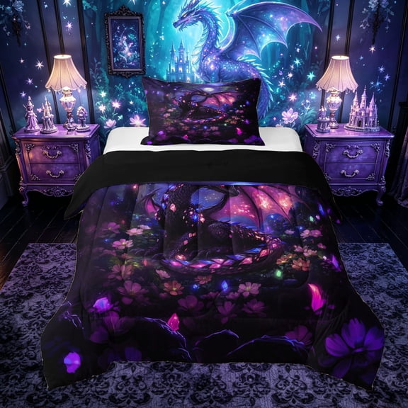 Feelyou Moon Crystal Forest Dragon Twin Comforter Sets for Men Women Kids, Glowing Gemstone Flower Bedding Set, Black Purple, Black Reversible, 2-Piece